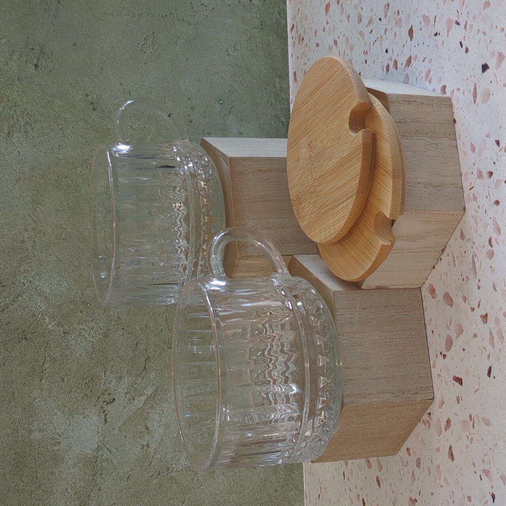 Vintage Styled Wide Glass Mugs Soup Latte Overnite Oats Bamboo Lids | Set of 2